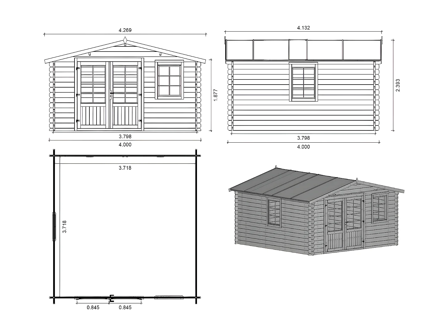 Casetta da giardino in legno con veranda e tettoia - 24.00m2 - 4.00x4.00m - 40mm - colore: naturale - DOM371+DOM617+DOM545+POD04 - ALTANKA