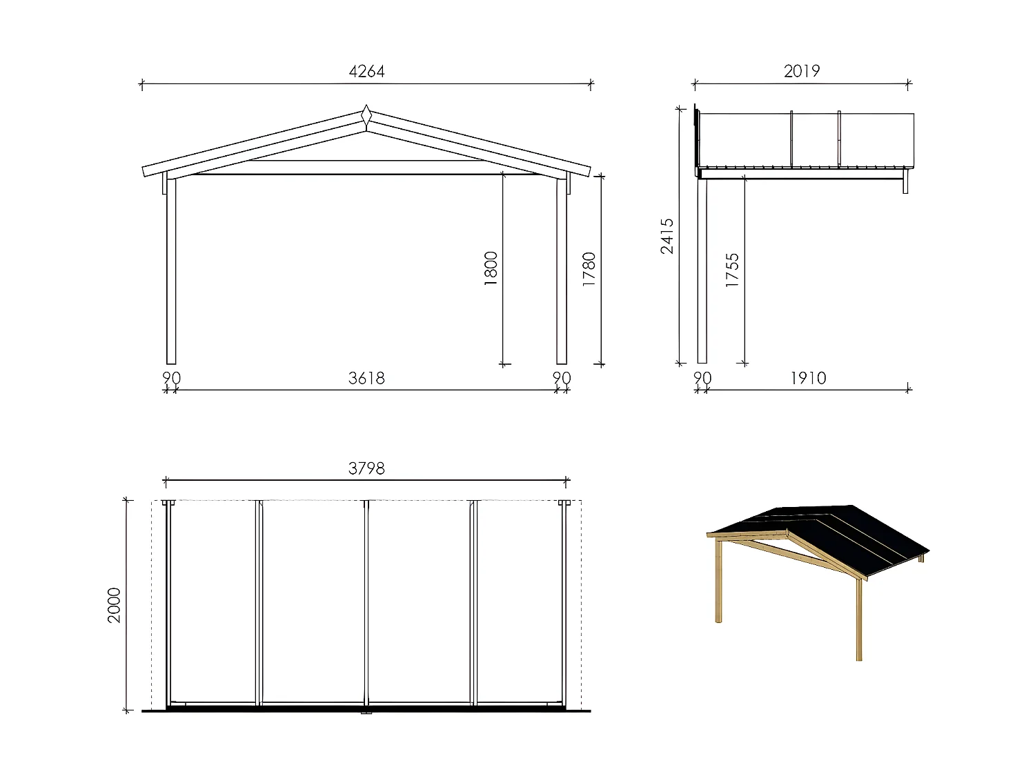 Casetta da giardino in legno con veranda e tettoia - 24.00m2 - 4.00x4.00m - 40mm - colore: naturale - DOM371+DOM617+DOM545+POD04 - ALTANKA