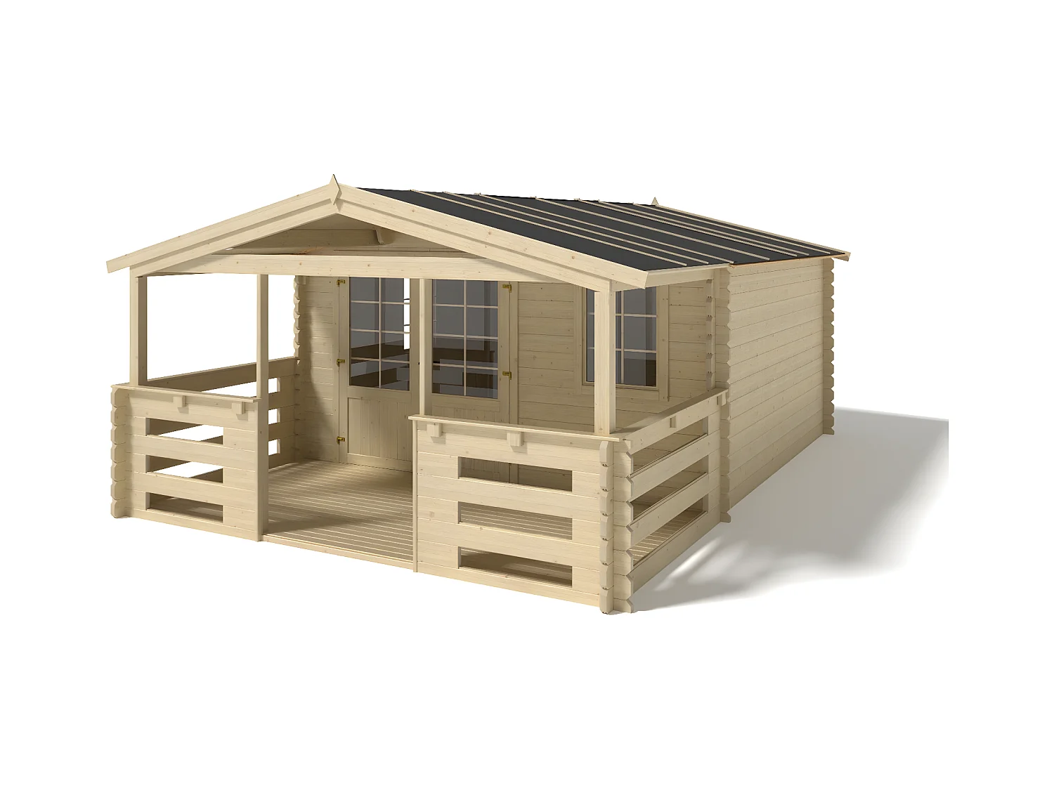Abri de jardin en bois - 4x4 m + terrasse avec balustrade et avant-toit en bois - 24 m2 - DOM371+DOM617+DOM545+POD04 - ALTANKA