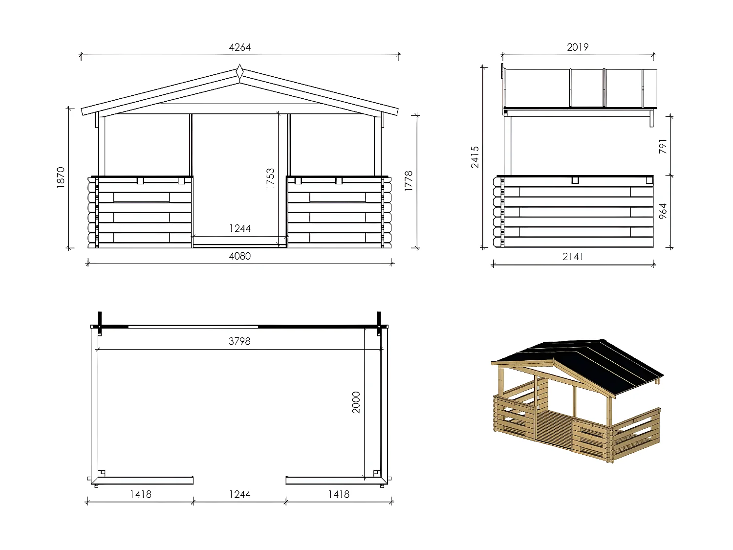 Casetta da giardino in legno con veranda e tettoia - 24m2 - 4x4m - 40mm - colore: naturale - DOM371+DOM617+DOM545+POD04 - ALTANKA