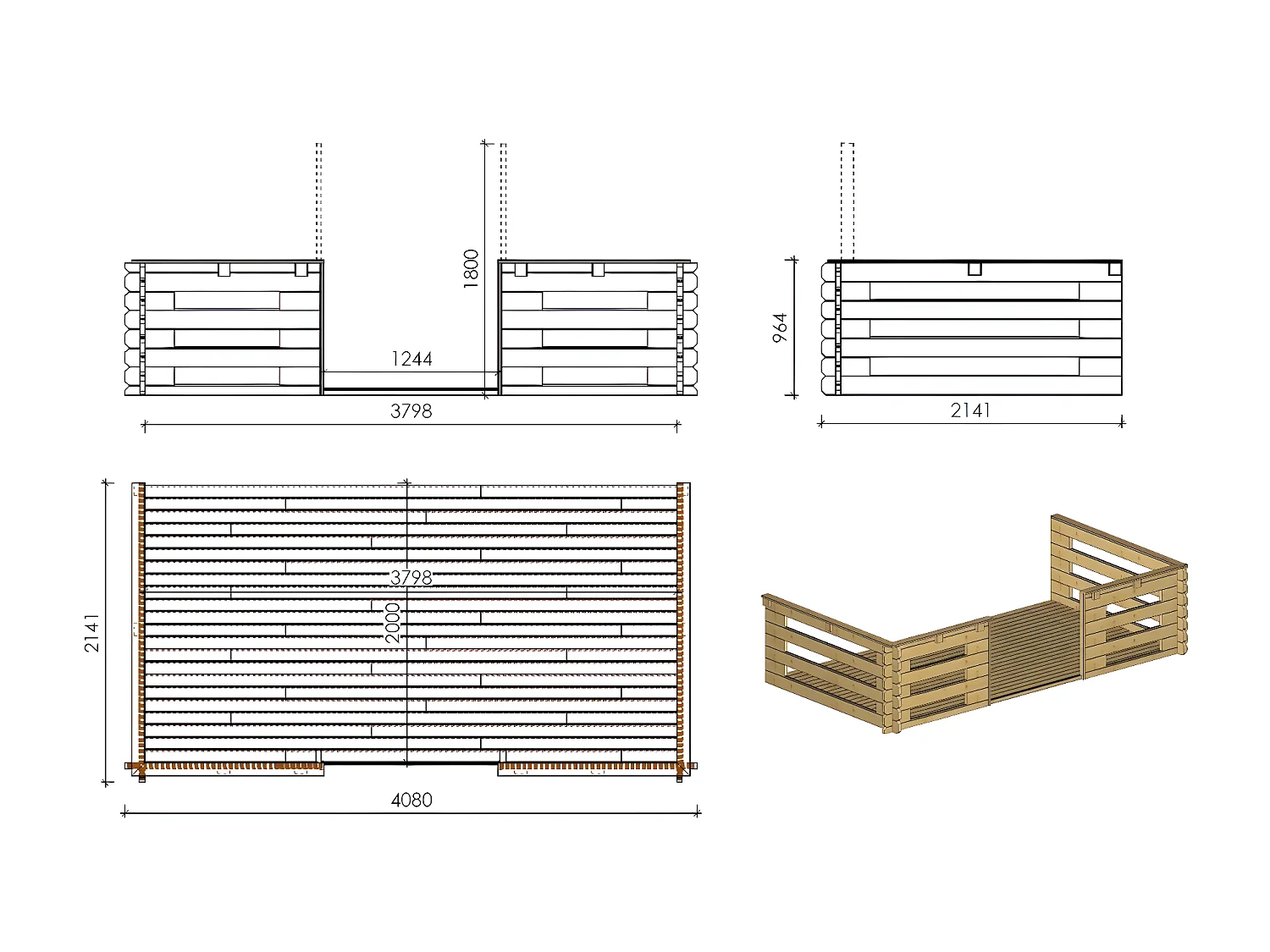 Casetta da giardino in legno con veranda e tettoia - 24m2 - 4x4m - 40mm - colore: naturale - DOM371+DOM617+DOM545+POD04 - ALTANKA