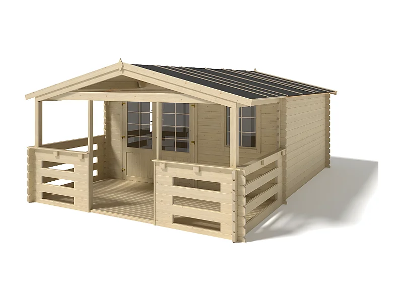 Abri de jardin en bois - 4x4 m + terrasse avec balustrade et avant-toit en bois - 24 m2 - DOM371+DOM617+DOM545+POD04 - ALTANKA
