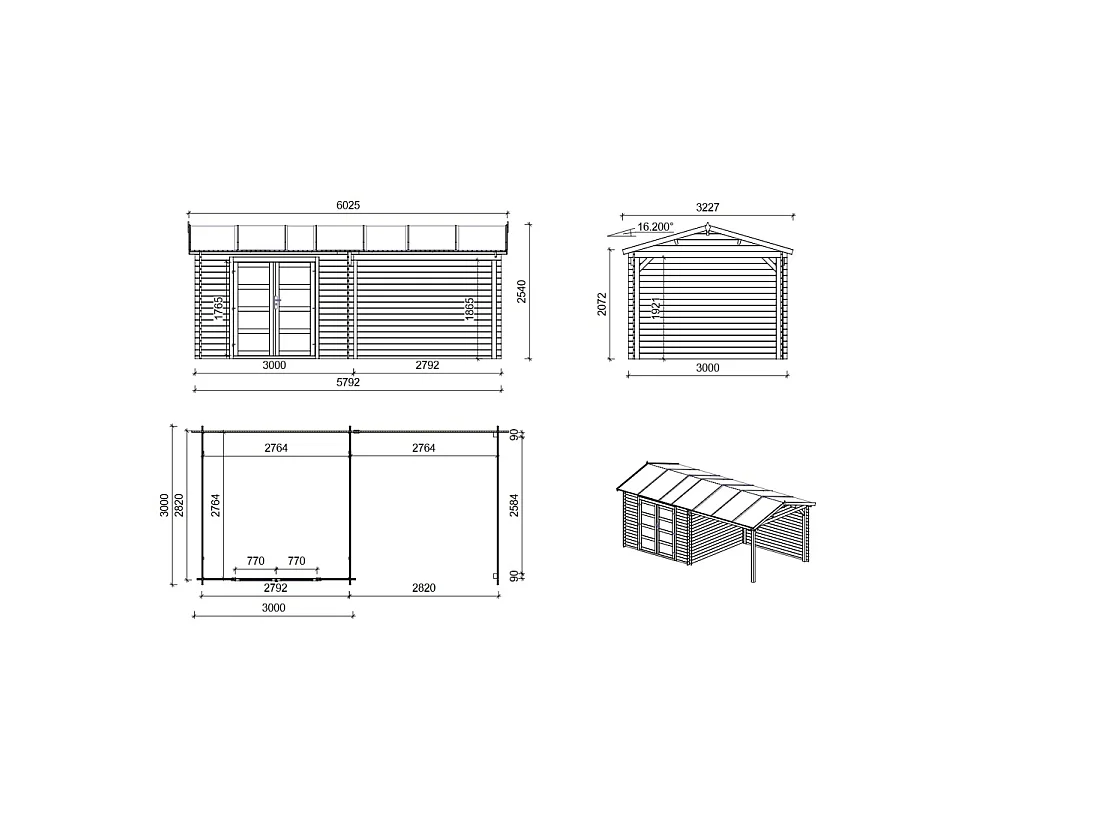 Abri de jardin en bois - 17.4m2 - 5.79x3m - Traité - Ep. 28mm - Couleur: vert - DOM718 - ALTANKA