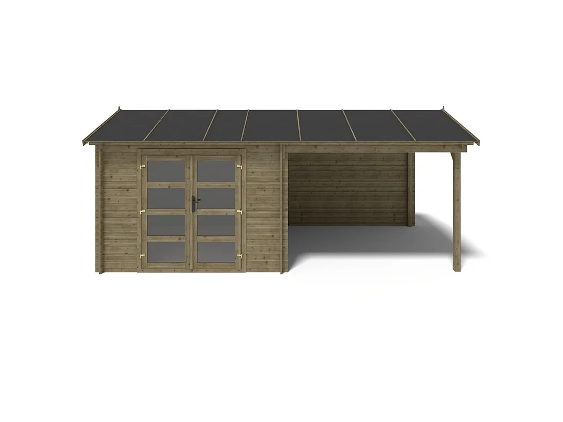 Abri de jardin en bois - 17.4m2 - 5.79x3m - Traité - Ep. 28mm - Couleur: vert - DOM718 - ALTANKA