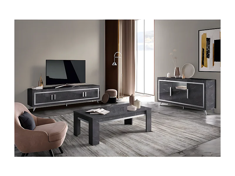 GUEDA - Ensemble Salon Effet Marbre Anthracite Meuble TV + Buffet avec Leds + Table Basse