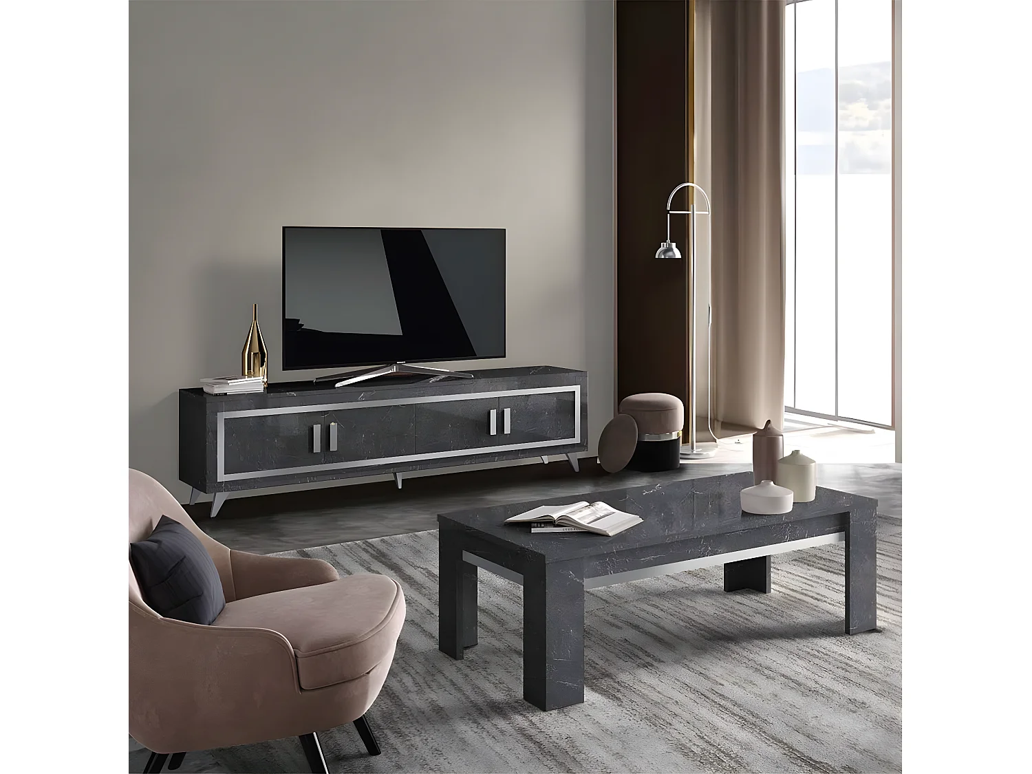 GUEDA - Ensemble Salon Effet Marbre Anthracite Meuble TV + Buffet avec Leds + Table Basse