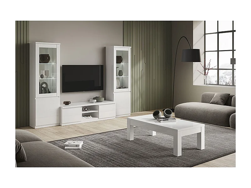 DEYTON - Ensemble Salon Complet Laqué Blanc Meuble TV + Vitrines avec Leds + Table Basse 138cm