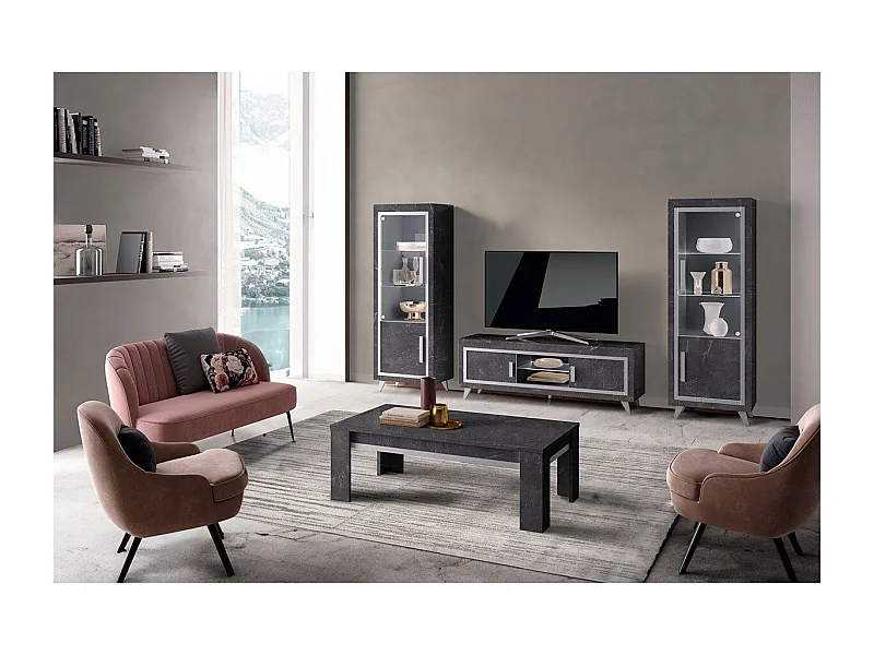 GUEDA - Ensemble Salon Complet Effet Marbre Anthracite Meuble TV et Vitrines avec Leds + Table Basse