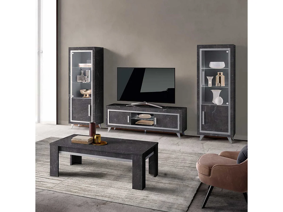 GUEDA - Ensemble Salon Complet Effet Marbre Anthracite Meuble TV et Vitrines avec Leds + Table Basse