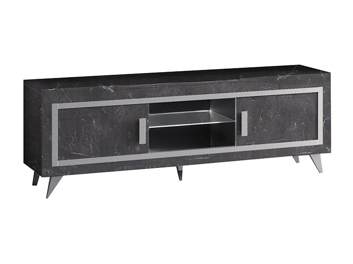 GUEDA - Ensemble Salon Complet Effet Marbre Anthracite Meuble TV et Vitrines avec Leds + Table Basse