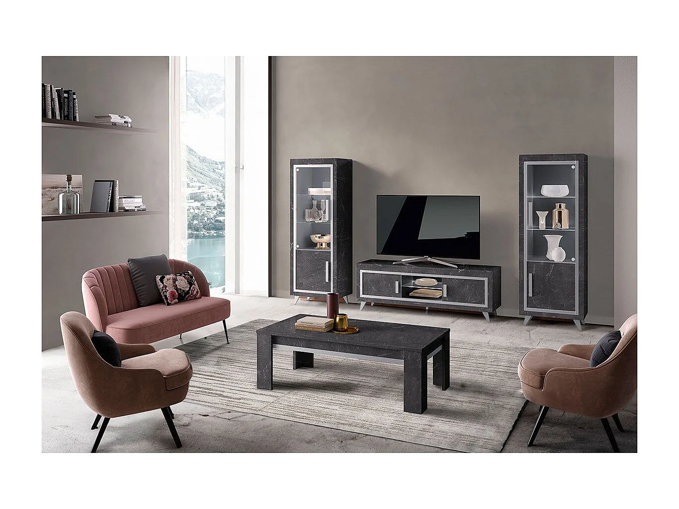 GUEDA - Ensemble Salon Complet Effet Marbre Anthracite Meuble TV et Vitrines avec Leds + Table Basse