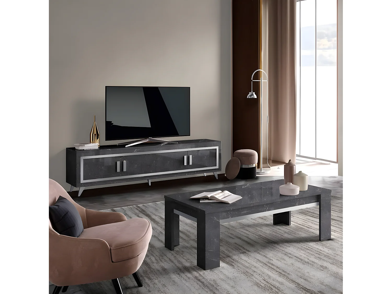 GUEDA - Ensemble Salon Effet Marbre Anthracite Meuble TV 4 Portes + Table Basse