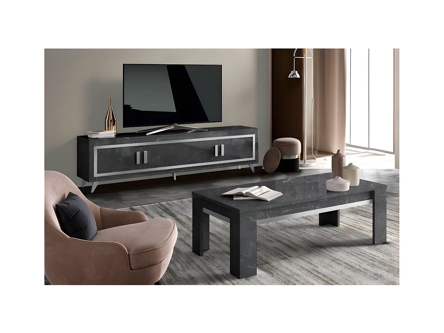 GUEDA - Ensemble Salon Effet Marbre Anthracite Meuble TV 4 Portes + Table Basse