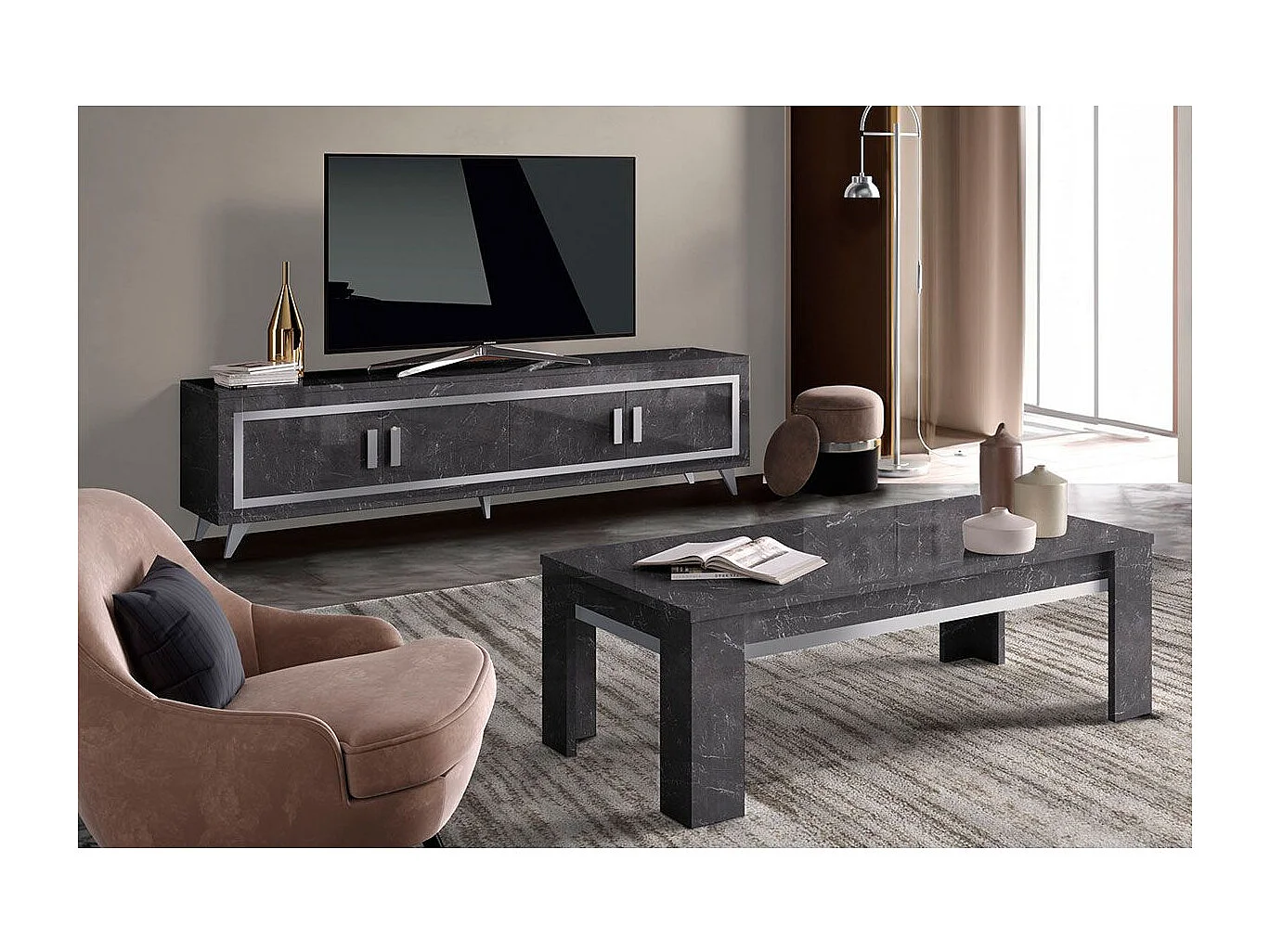 GUEDA - Ensemble Salon Effet Marbre Anthracite Meuble TV 4 Portes + Table Basse