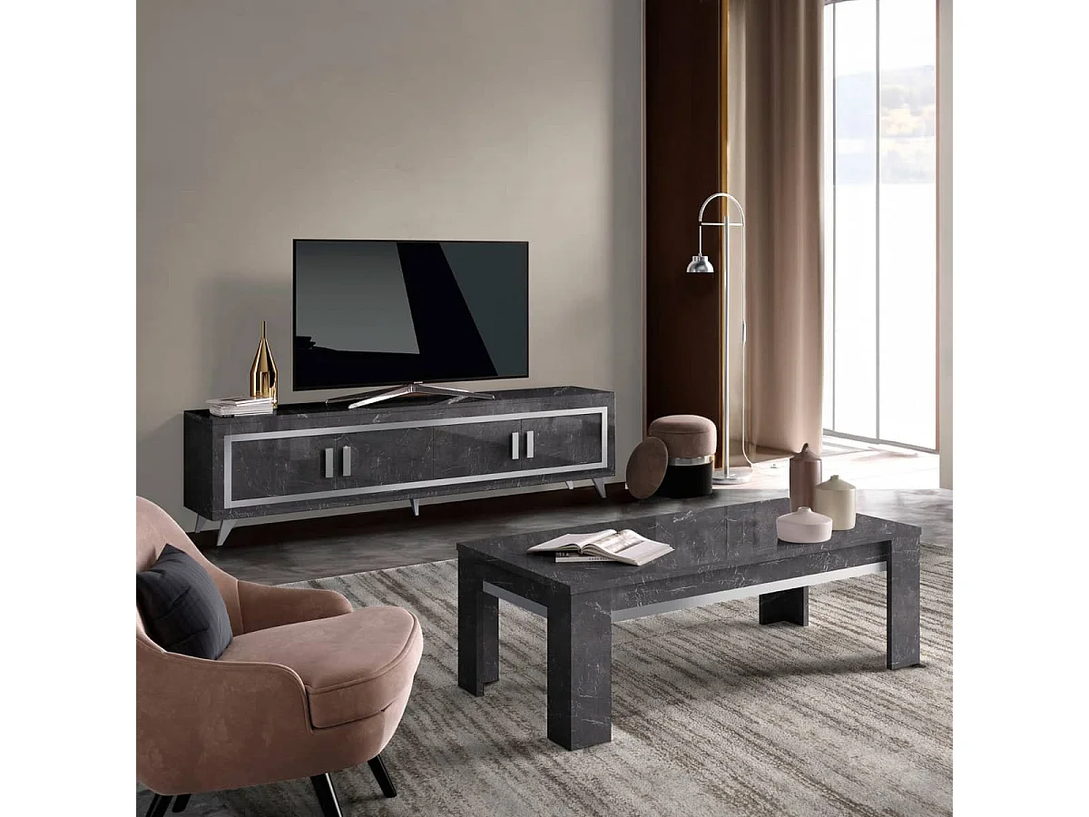 GUEDA - Ensemble Salon Effet Marbre Anthracite Meuble TV 4 Portes + Table Basse