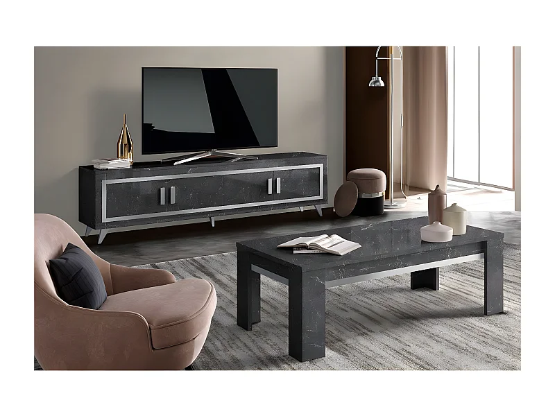 GUEDA - Ensemble Salon Effet Marbre Anthracite Meuble TV 4 Portes + Table Basse