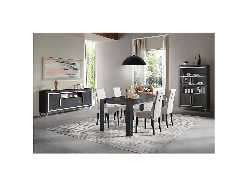 GUEDA - Ensemble Séjour Complet Effet Marbre Anthracite Table 190cm + Buffet et Vitrine avec Leds