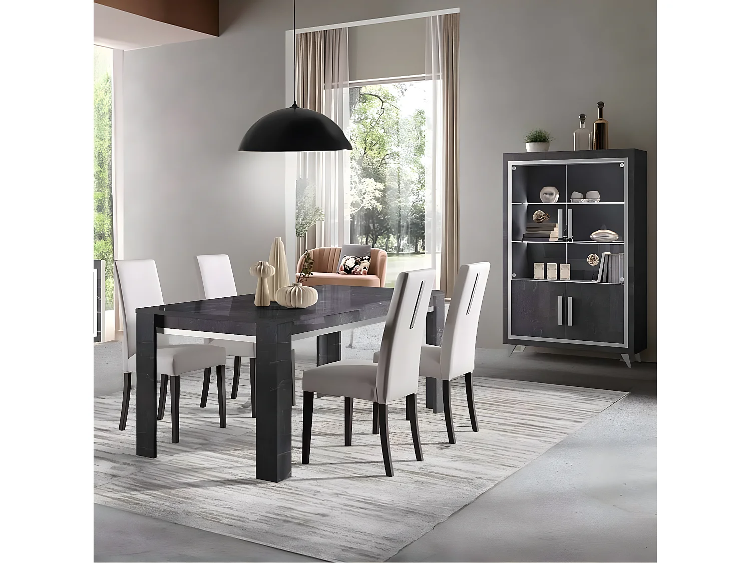 GUEDA - Ensemble Séjour Complet Effet Marbre Anthracite Table 190cm + Buffet et Vitrine avec Leds