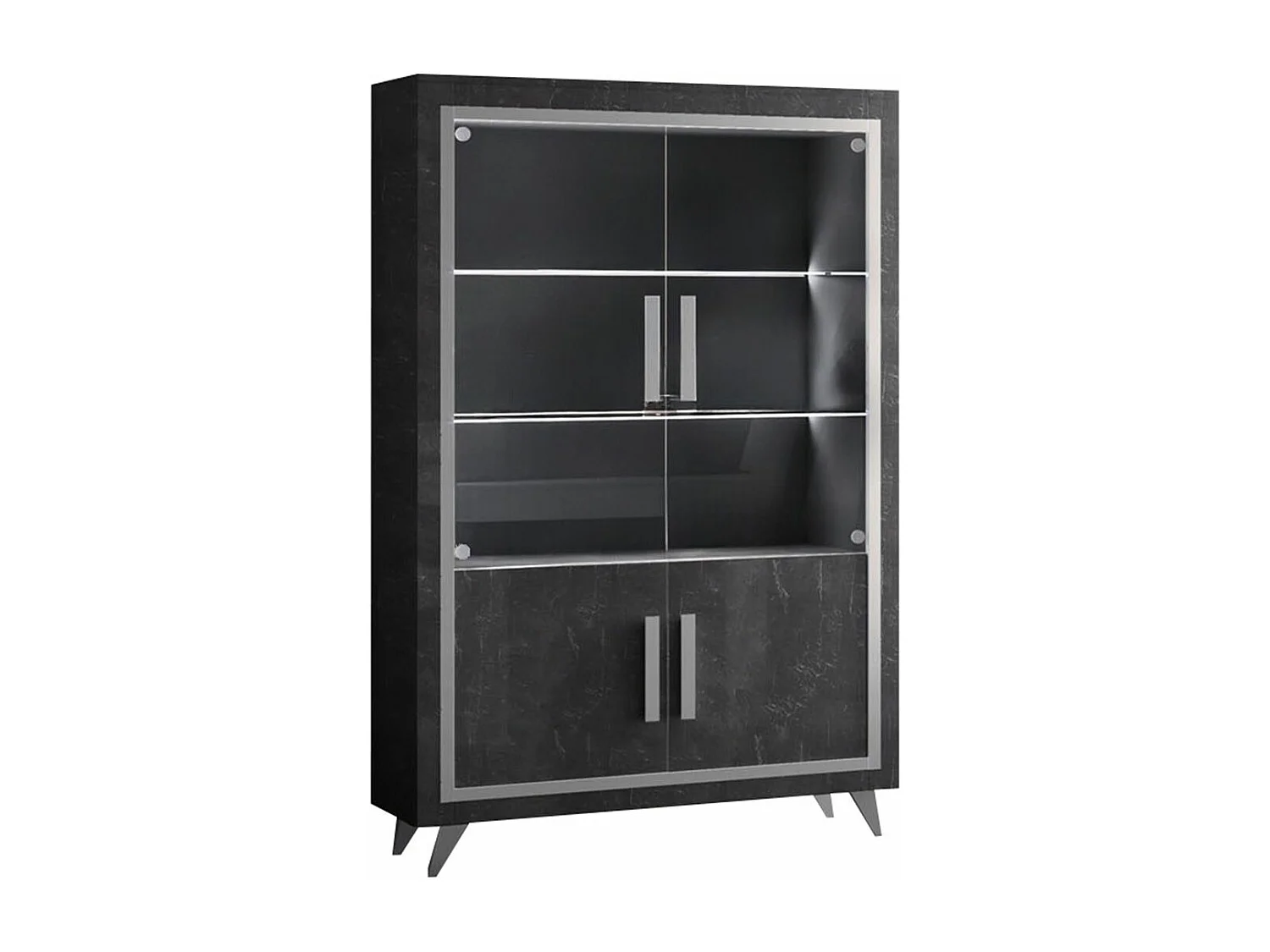 GUEDA - Ensemble Séjour Complet Effet Marbre Anthracite Table 190cm + Buffet et Vitrine avec Leds