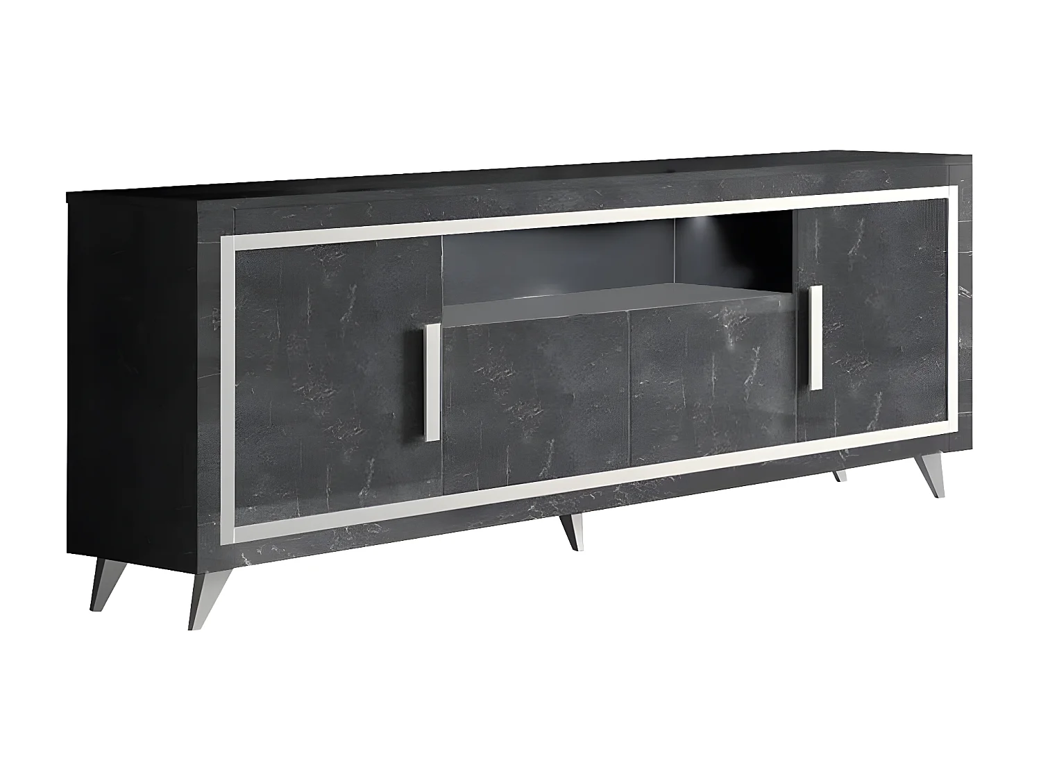 GUEDA - Ensemble Séjour Complet Effet Marbre Anthracite Table 190cm + Buffet et Vitrine avec Leds