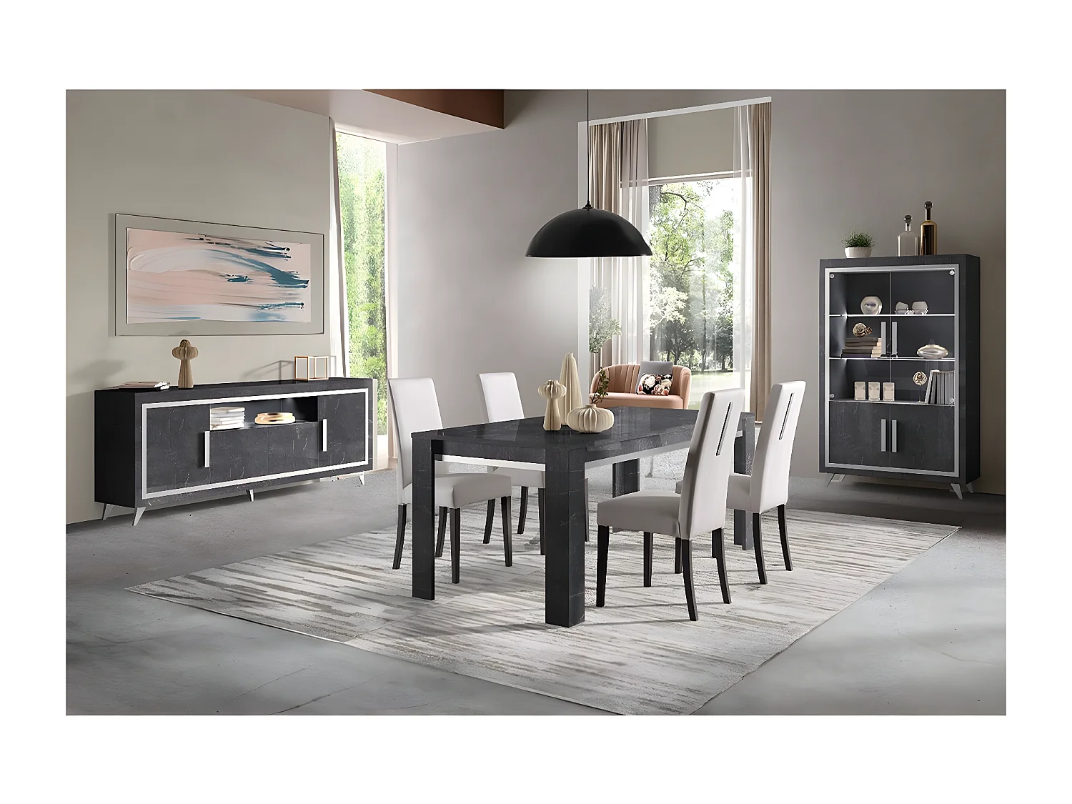 GUEDA - Ensemble Séjour Complet Effet Marbre Anthracite Table 190cm + Buffet et Vitrine avec Leds
