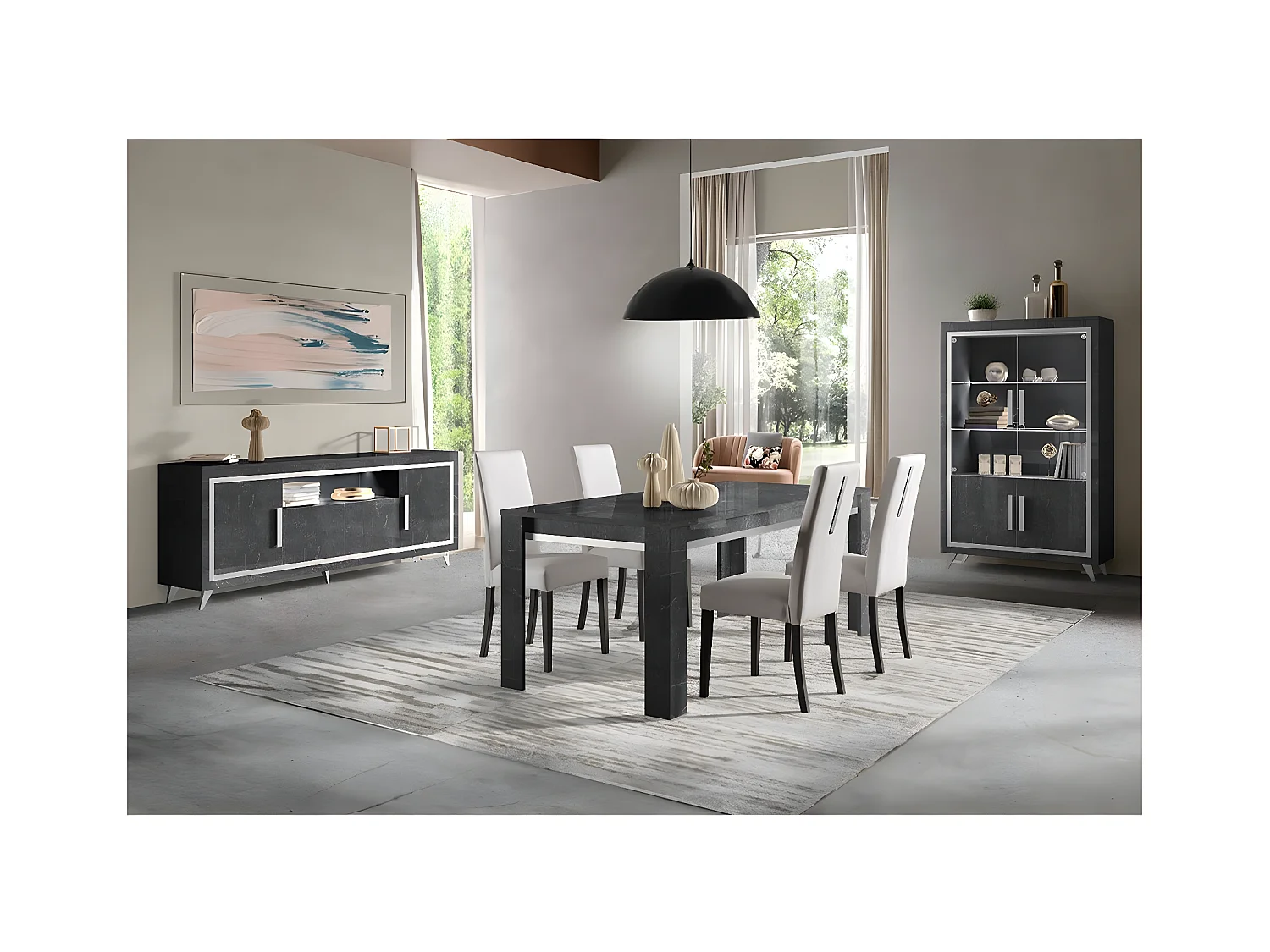 GUEDA - Ensemble Séjour Complet Effet Marbre Anthracite Table 160cm + Buffet et Vitrine avec Leds