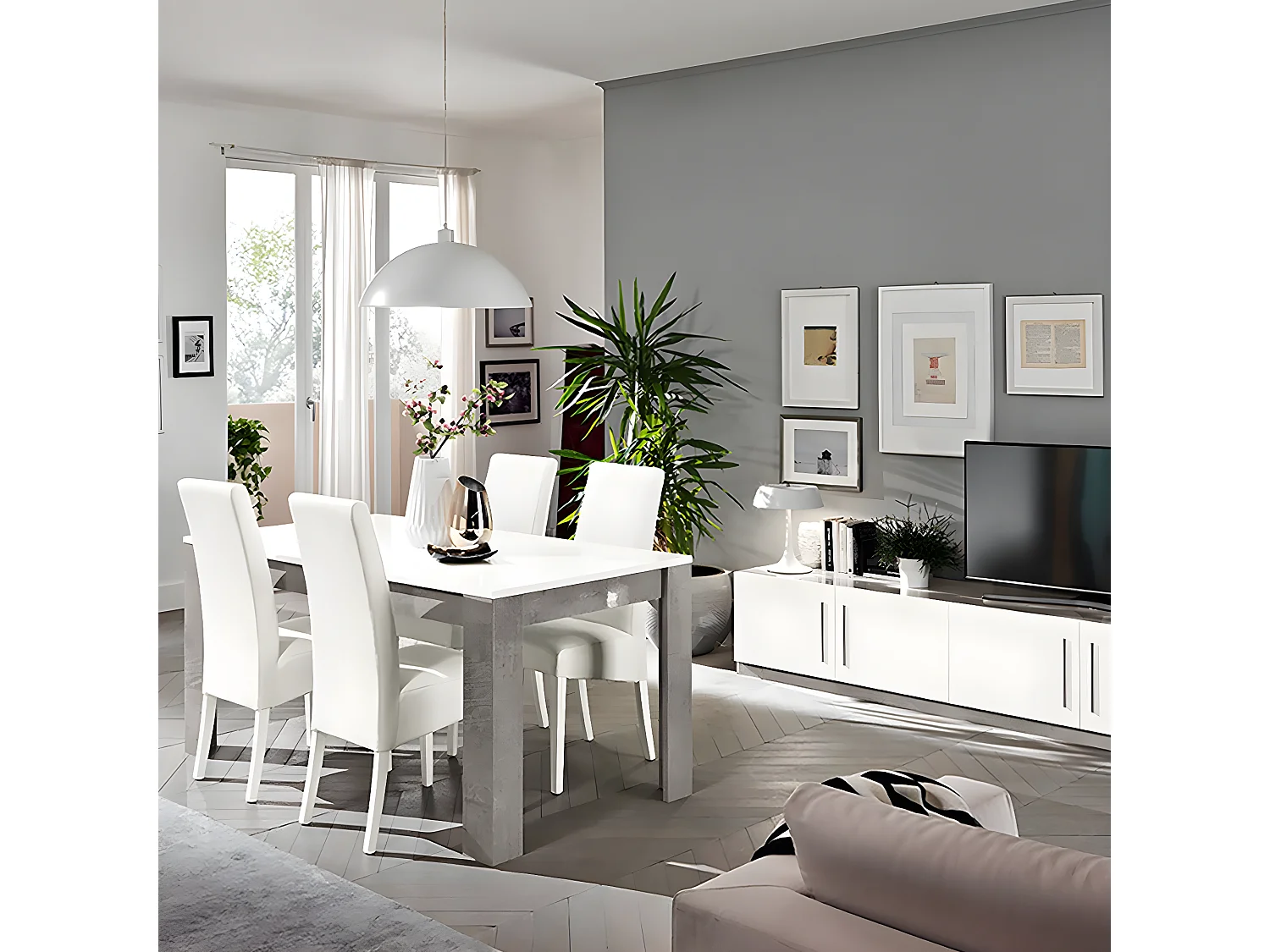 CLARK - Ensemble Salon Séjour Blanc et Marbre Meuble TV + Table 190cm