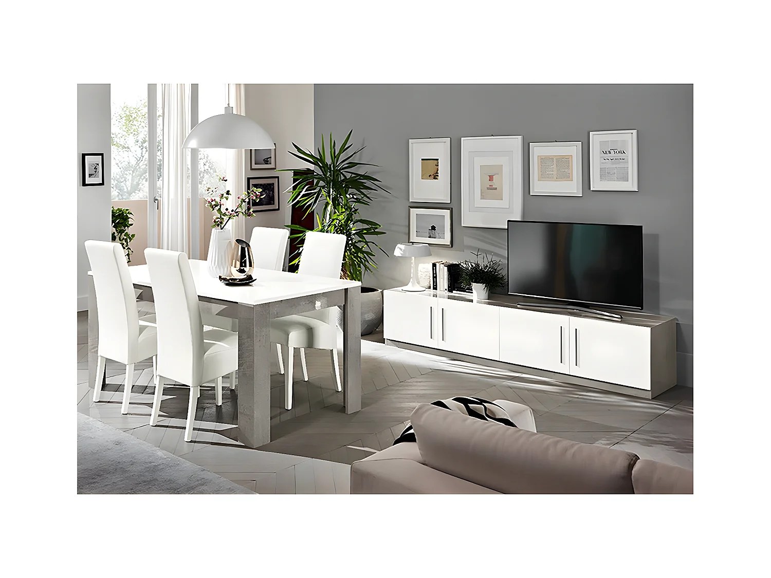 CLARK - Ensemble Salon Séjour Blanc et Marbre Meuble TV + Table 190cm