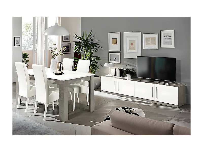 CLARK - Ensemble Salon Séjour Blanc et Marbre Meuble TV + Table 190cm