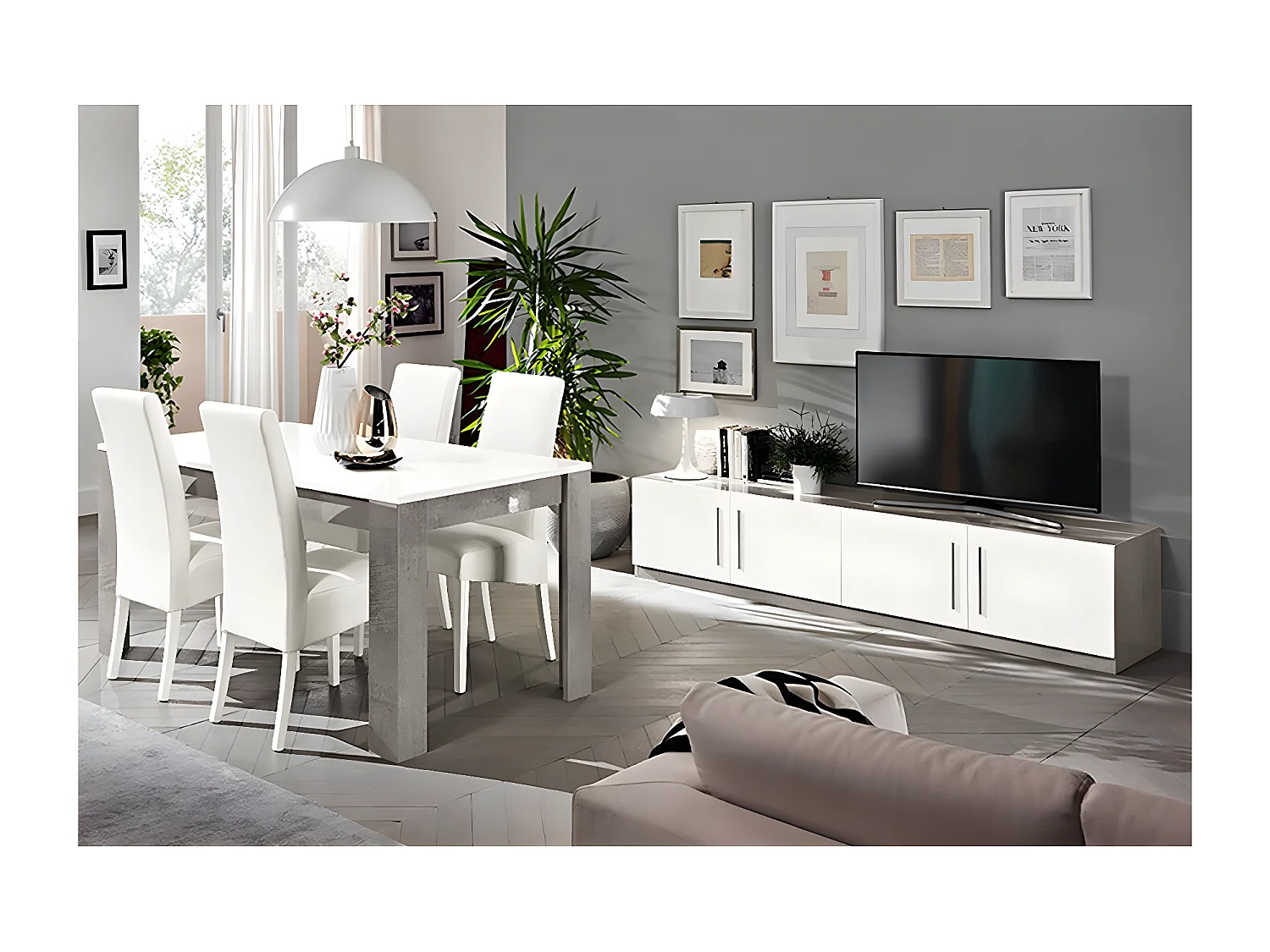 CLARK - Ensemble Salon Séjour Blanc et Marbre Meuble TV + Table 160cm