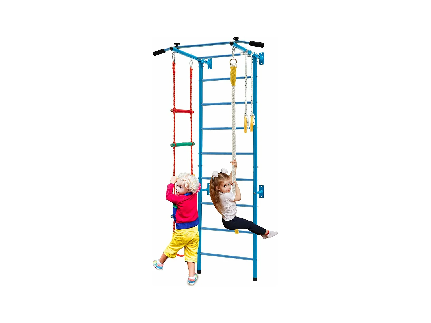 Ensemble de Barres d'Exercices pour Enfants, avec Échelle Murale, Barre de Traction, Échelle de Corde, Corde et Anneaux de Gymnastique pour Enfants de 3+ Ans, 223x107x84 cm, Bleu