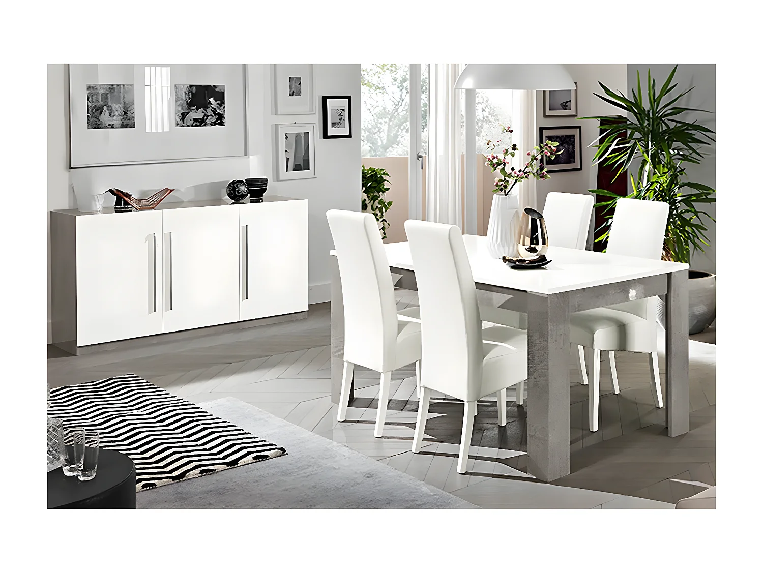 CLARK - Ensemble Séjour Blanc et Marbre Table 190cm + Buffet 3 Portes