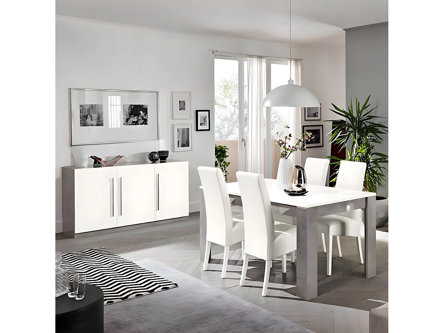 CLARK - Ensemble Séjour Blanc et Marbre Table 190cm + Buffet 3 Portes