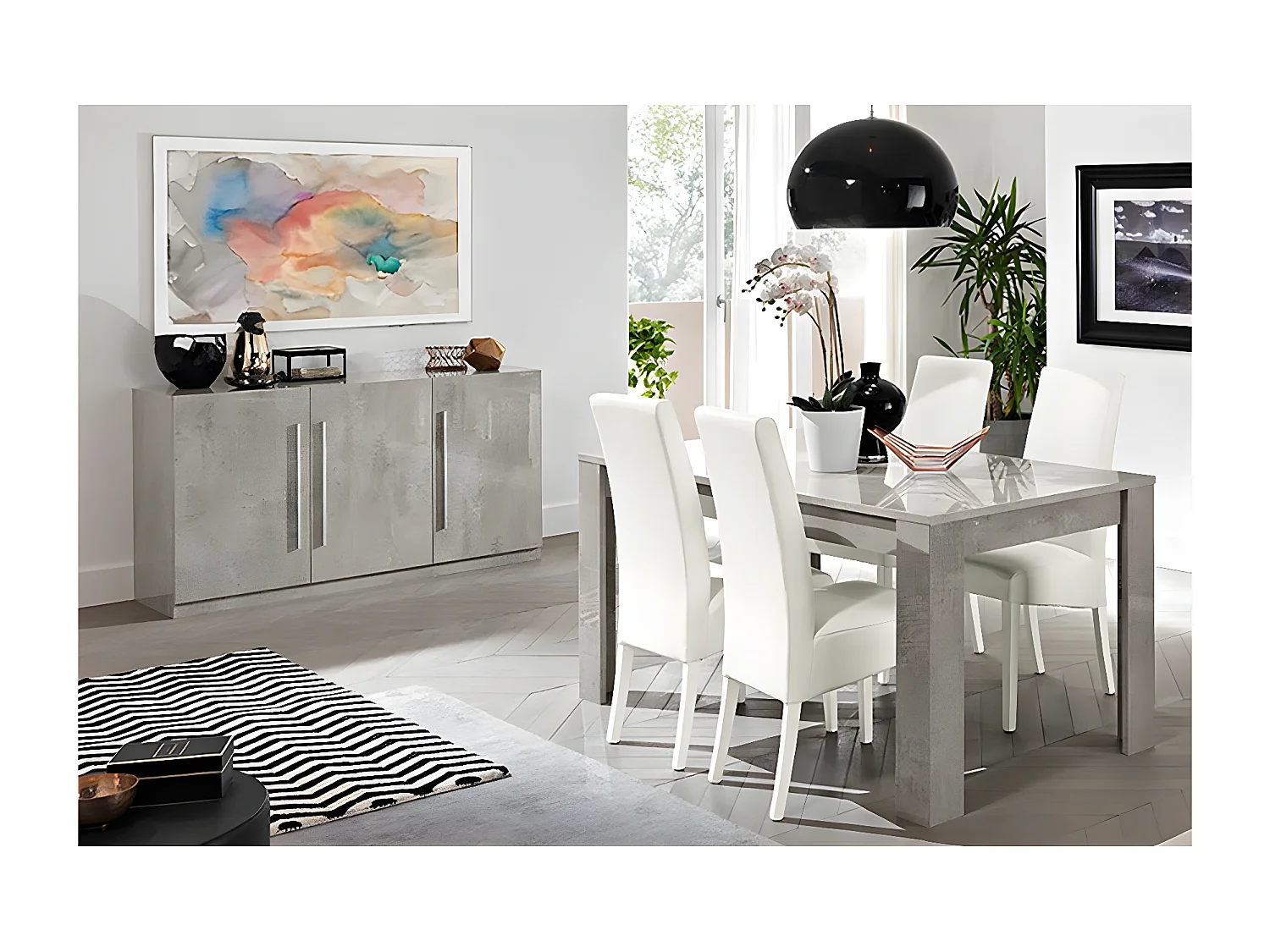 CLARK - Ensemble Séjour Effet Marbre Table 190cm + Buffet 3 Portes