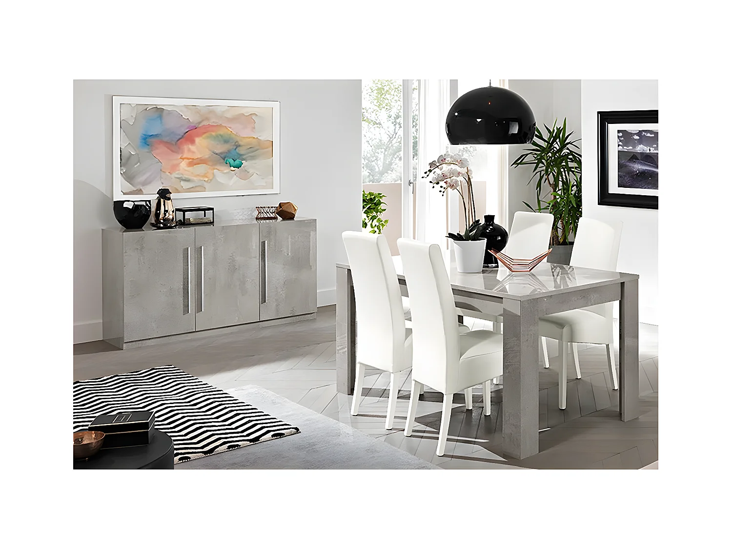 CLARK - Ensemble Séjour Effet Marbre Table 190cm + Buffet 3 Portes