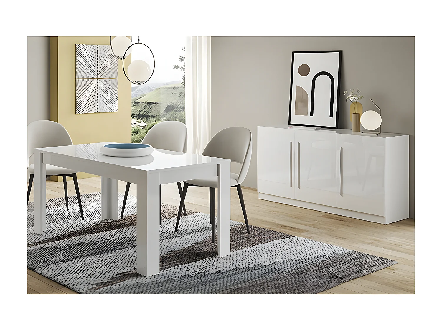 CLARK - Ensemble Séjour Laqué Blanc Table 160cm + Buffet 3 Portes