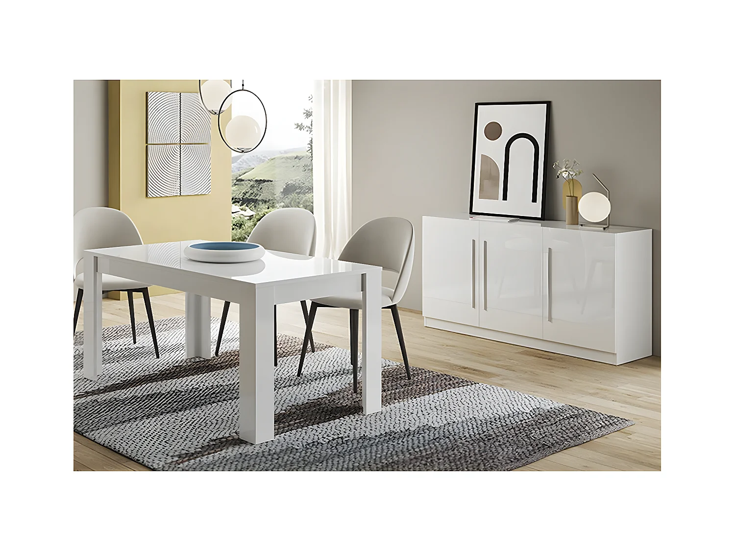 CLARK - Ensemble Séjour Laqué Blanc Table 160cm + Buffet 3 Portes