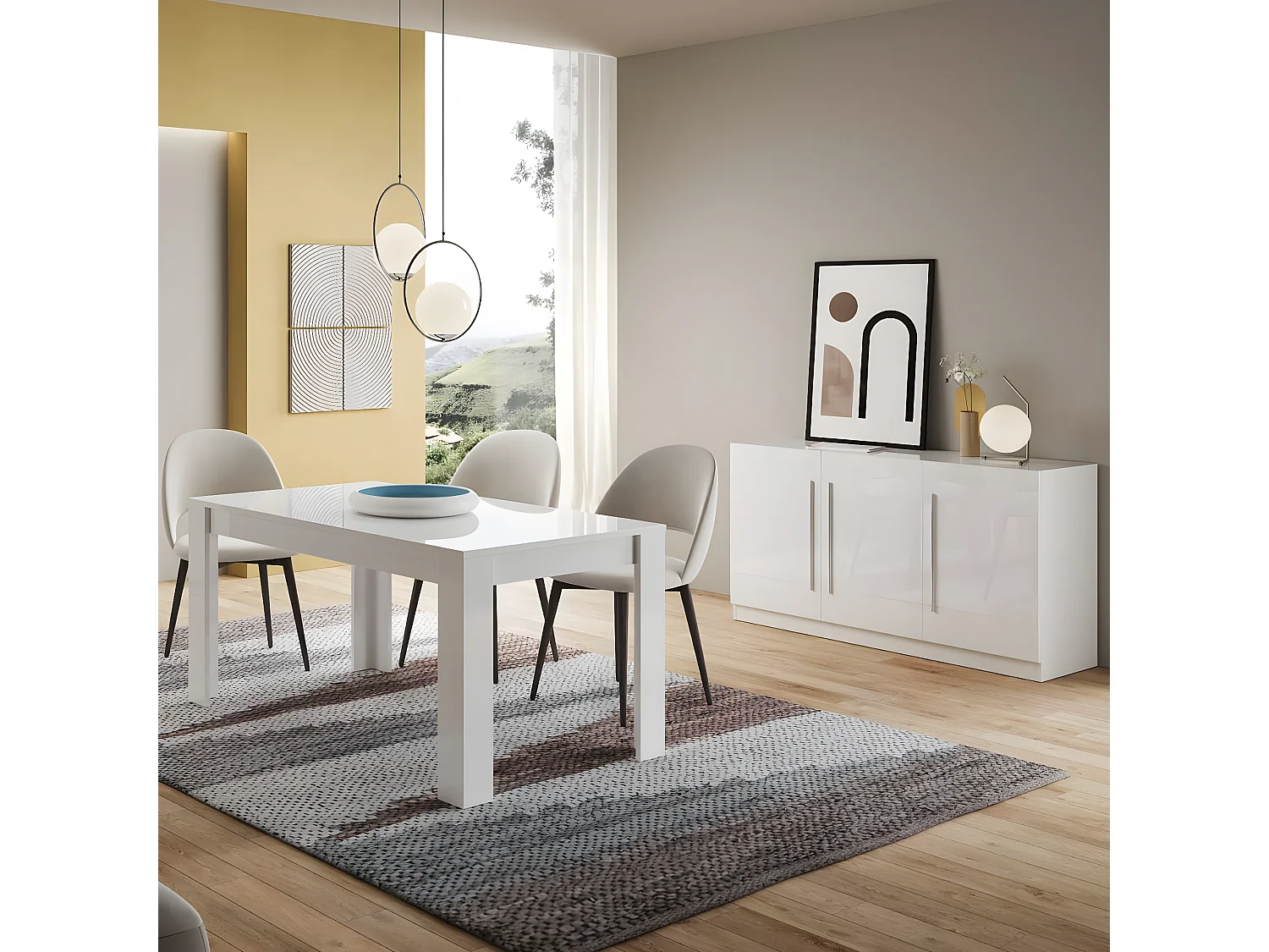 CLARK - Ensemble Séjour Laqué Blanc Table 160cm + Buffet 3 Portes