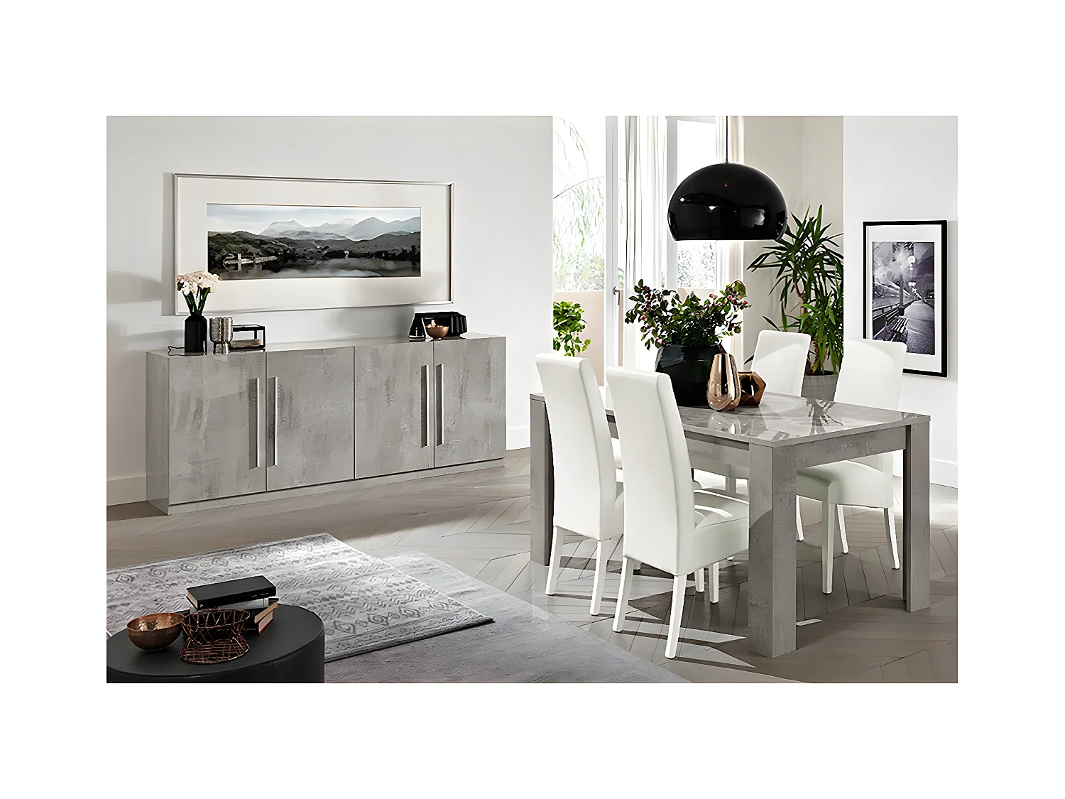 CLARK - Ensemble Séjour Effet Marbre Table 160cm + Buffet 3 Portes