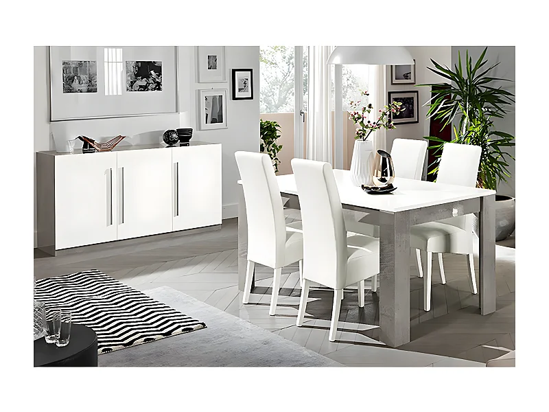 CLARK - Ensemble Séjour Blanc et Marbre Table 160cm + Buffet 3 Portes