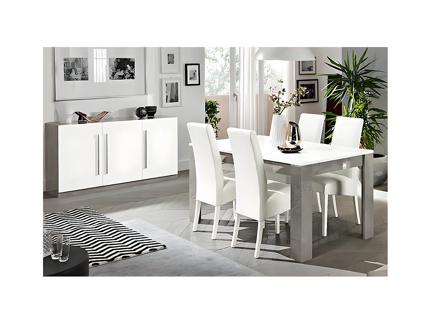 CLARK - Ensemble Séjour Blanc et Marbre Table 160cm + Buffet 3 Portes