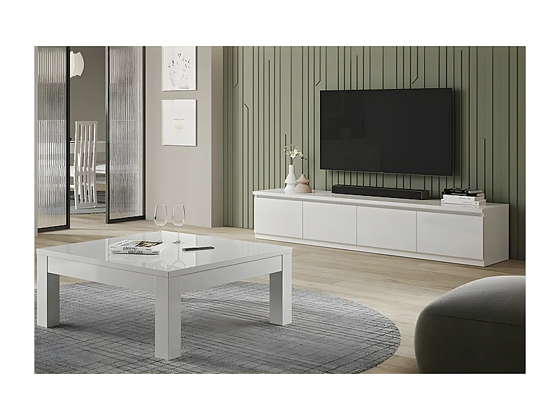 DEYTON - Ensemble Salon Laqué Blanc Meuble TV 4 Portes + Table Basse Carrée