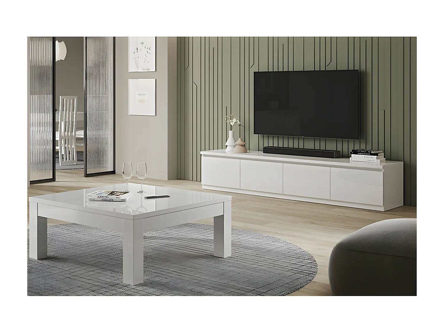 DEYTON - Ensemble Salon Laqué Blanc Meuble TV 4 Portes + Table Basse Carrée