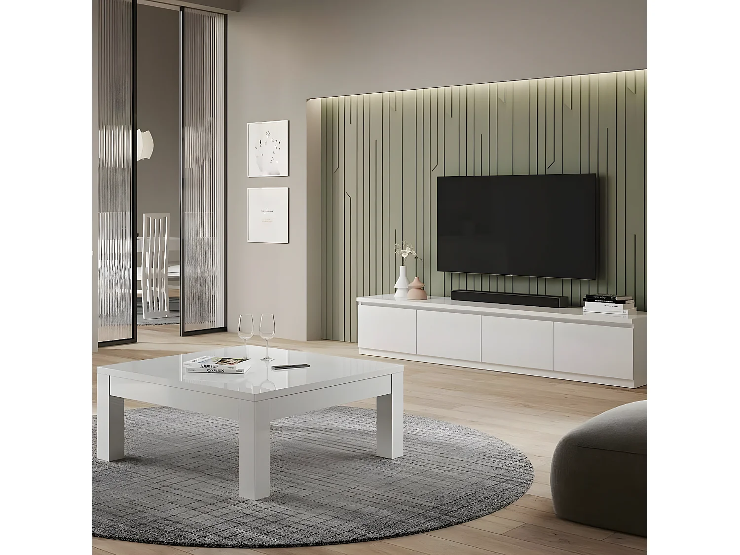 DEYTON - Ensemble Salon Laqué Blanc Meuble TV 4 Portes + Table Basse Carrée