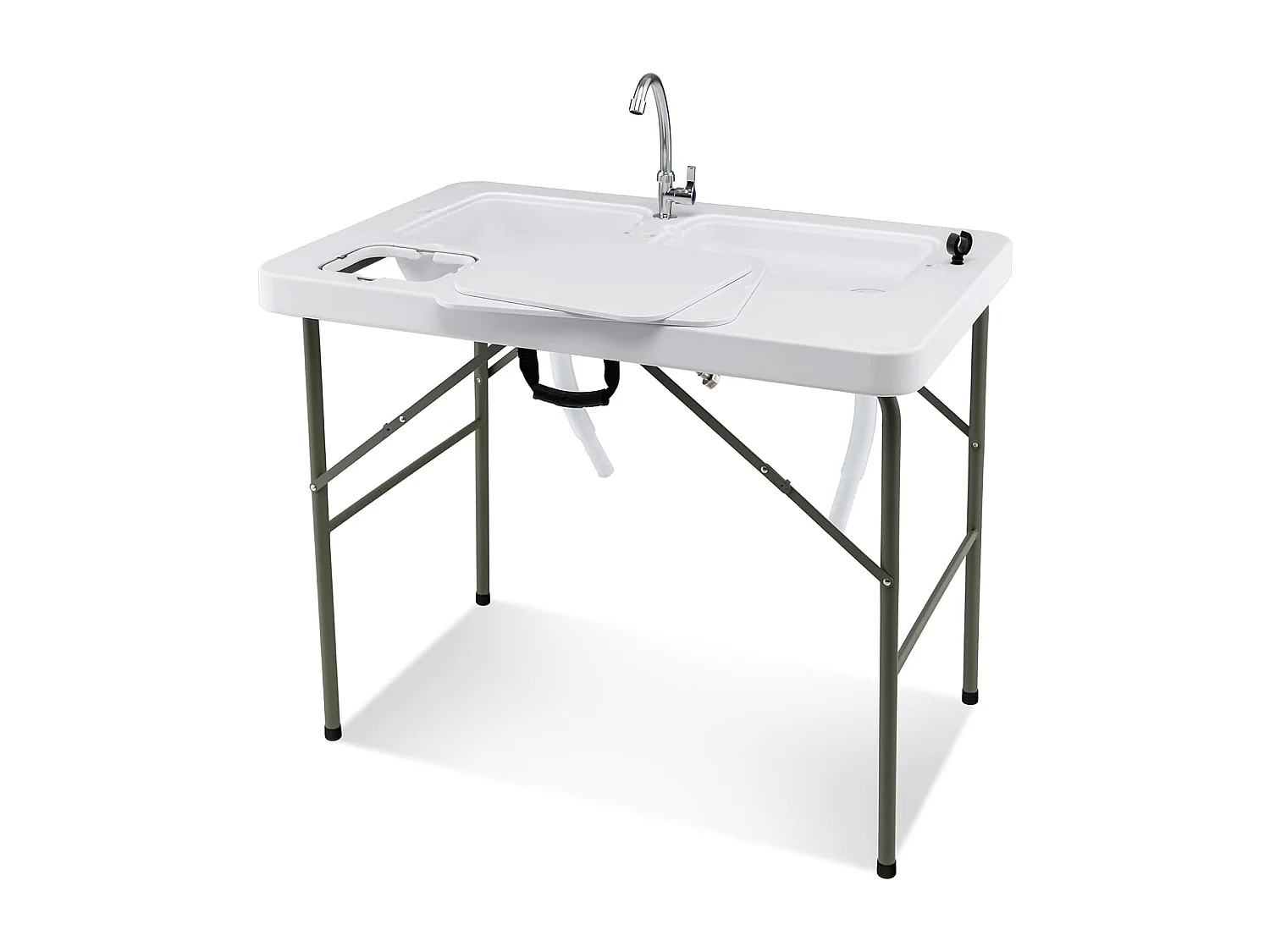 Table de CamBoisg Pliante avec 2 Éviers Robinet Rotatif à 360° pour Nettoyage de Poisson en Acier&HDPE Charge 150KG Blanc