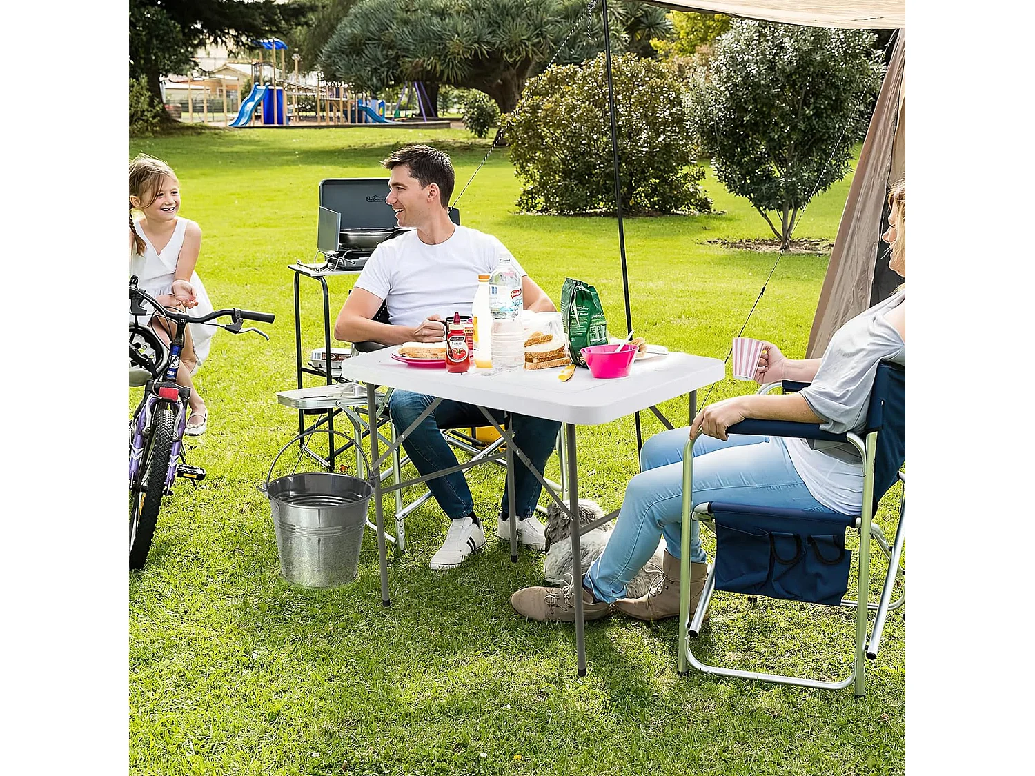 Table de CamBoisg Pliante avec 2 Éviers Robinet Rotatif à 360° pour Nettoyage de Poisson en Acier&HDPE Charge 150KG Blanc