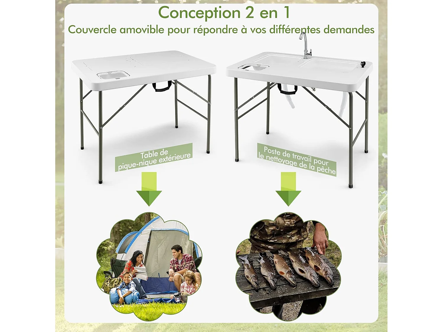 Table de CamBoisg Pliante avec 2 Éviers Robinet Rotatif à 360° pour Nettoyage de Poisson en Acier&HDPE Charge 150KG Blanc