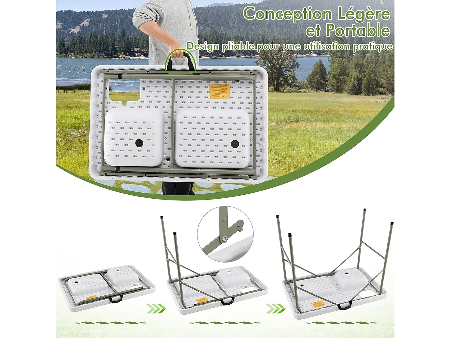 Table de CamBoisg Pliante avec 2 Éviers Robinet Rotatif à 360° pour Nettoyage de Poisson en Acier&HDPE Charge 150KG Blanc