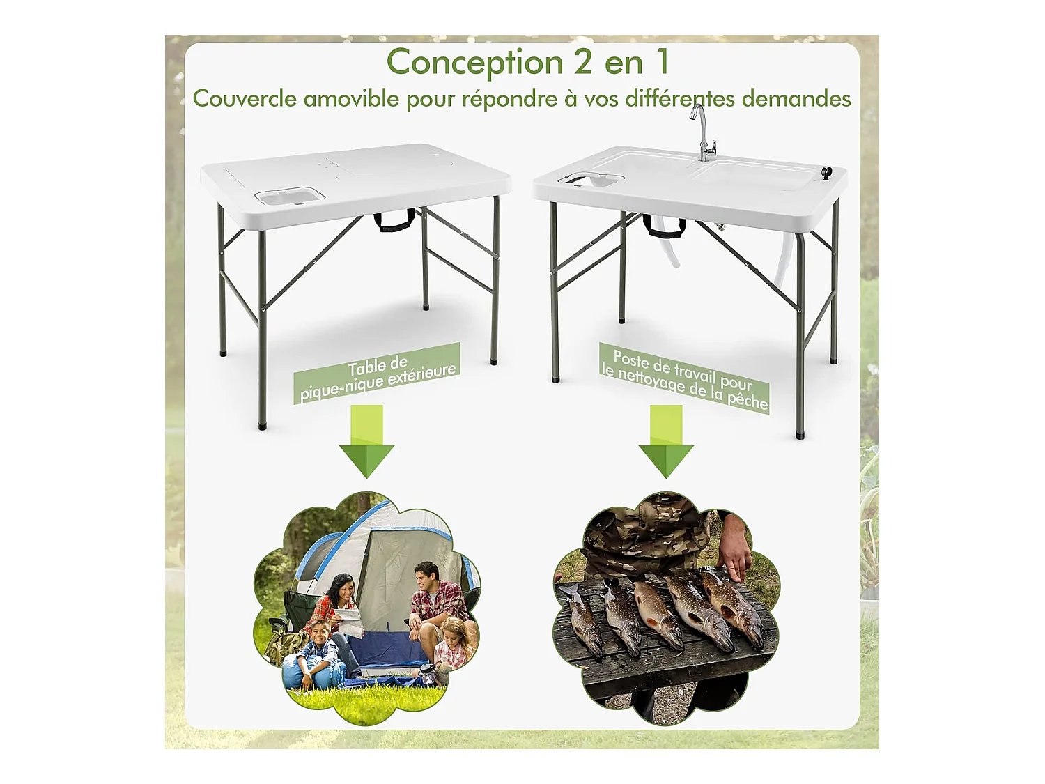 Table de CamBoisg Pliante avec 2 Éviers Robinet Rotatif à 360° pour Nettoyage de Poisson en Acier&HDPE Charge 150KG Blanc