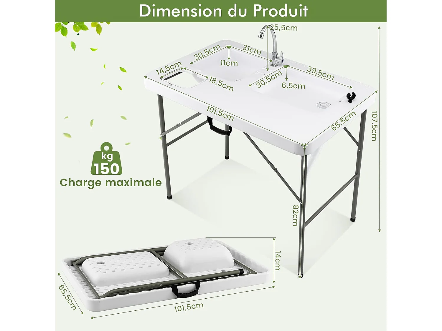 Table de CamBoisg Pliante avec 2 Éviers Robinet Rotatif à 360° pour Nettoyage de Poisson en Acier&HDPE Charge 150KG Blanc